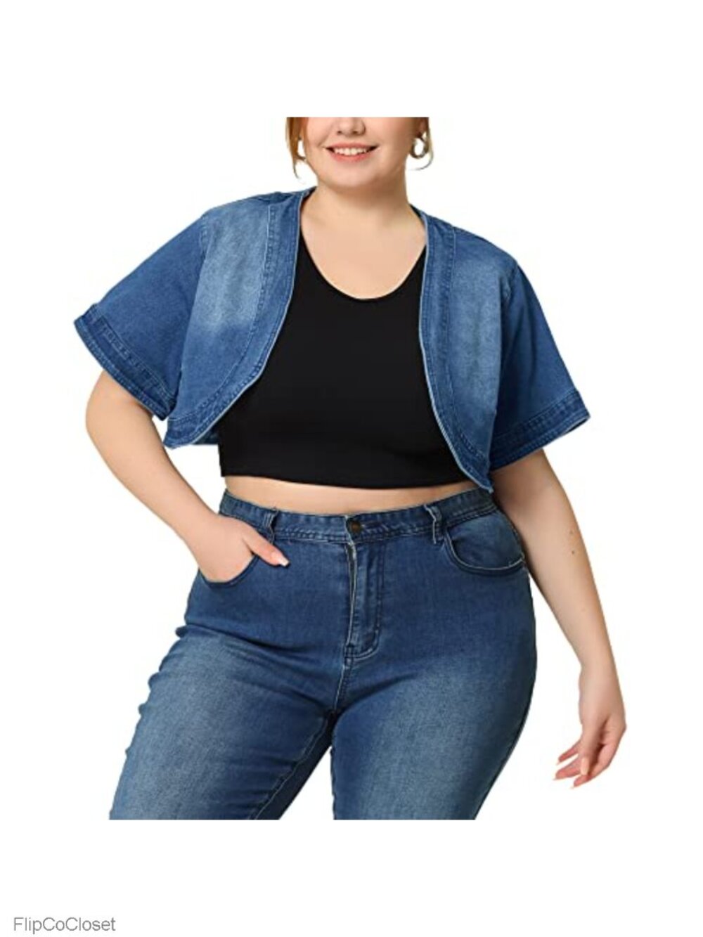 Plus Size Denim Jacket Crop Short Sleeve Jean Shrug Cardigan 2X